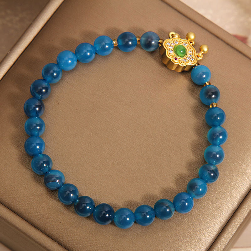 Armband aus blauem Candy-Achat mit chinesischem Schloss-Anhänger zum Schutz
