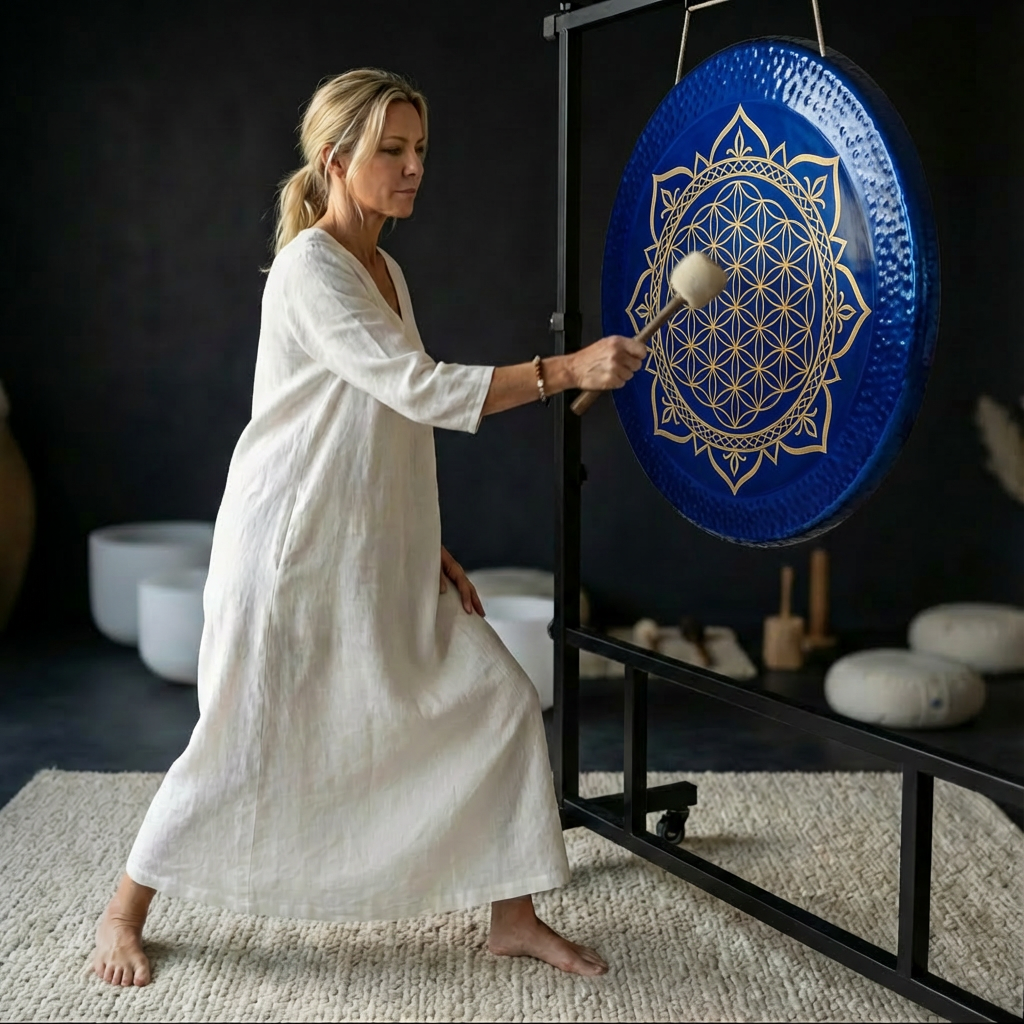 Blaues Gong-Instrument „Blume des Lebens“ zur Klangentspannung
