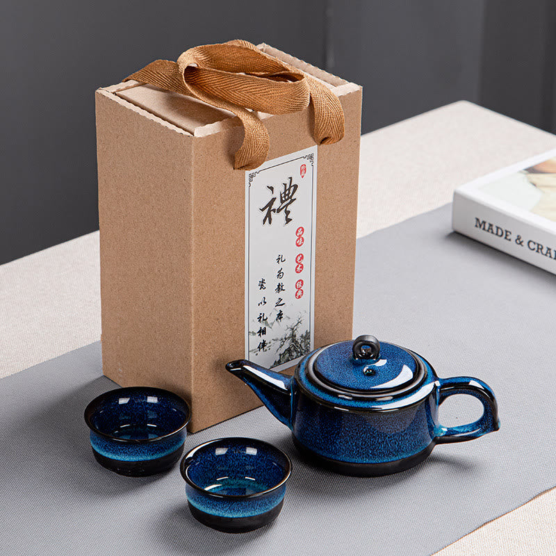 Gongfu-Teekannen-Set aus Keramik mit blauem Farbverlauf für Zen-Dekor