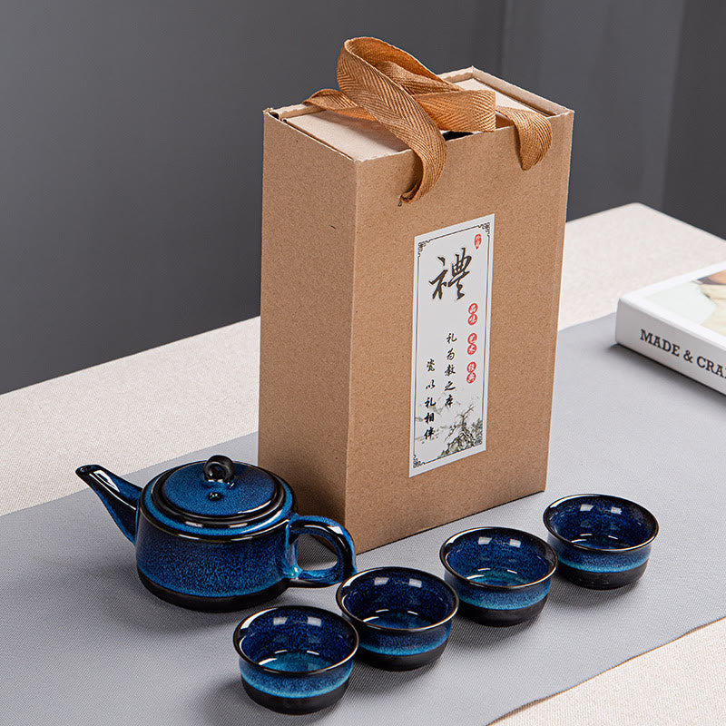 Gongfu-Teekannen-Set aus Keramik mit blauem Farbverlauf für Zen-Dekor