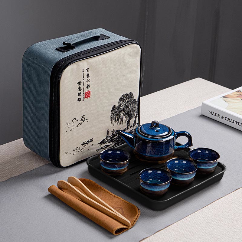 Gongfu-Teekannen-Set aus Keramik mit blauem Farbverlauf für Zen-Dekor