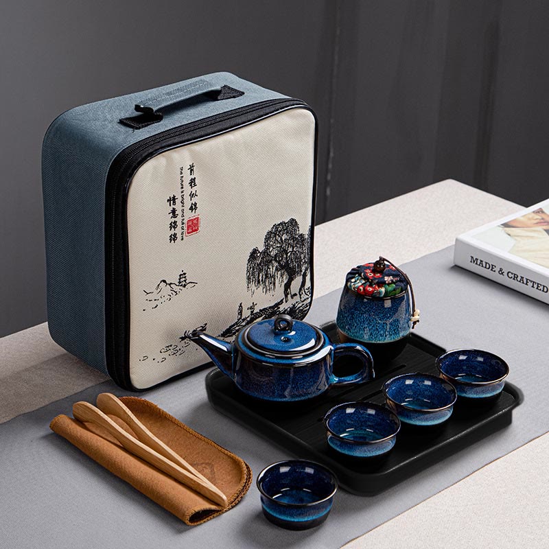 Gongfu-Teekannen-Set aus Keramik mit blauem Farbverlauf für Zen-Dekor