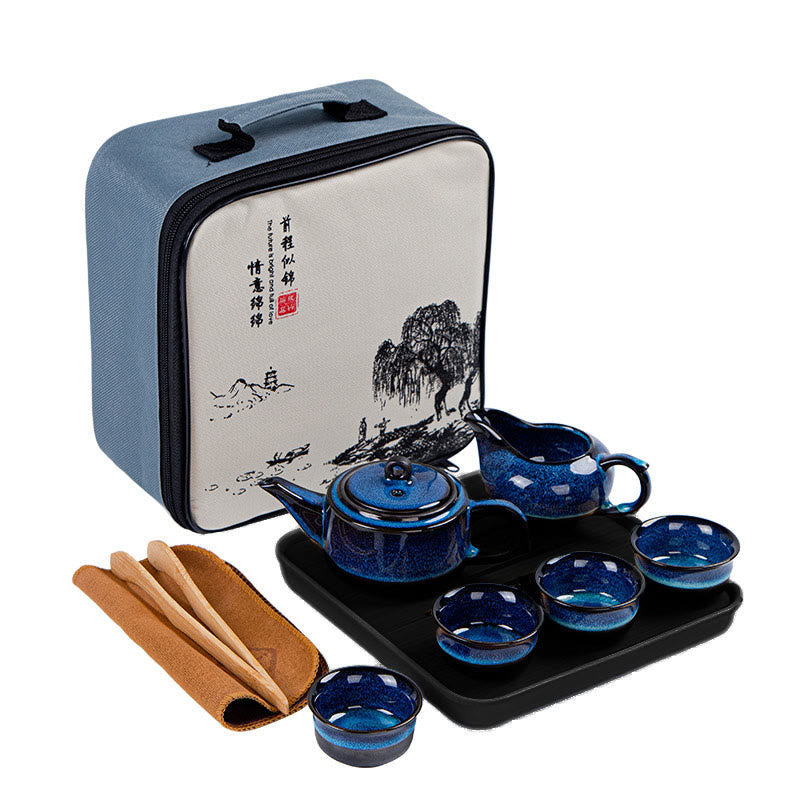 Gongfu-Teekannen-Set aus Keramik mit blauem Farbverlauf für Zen-Dekor
