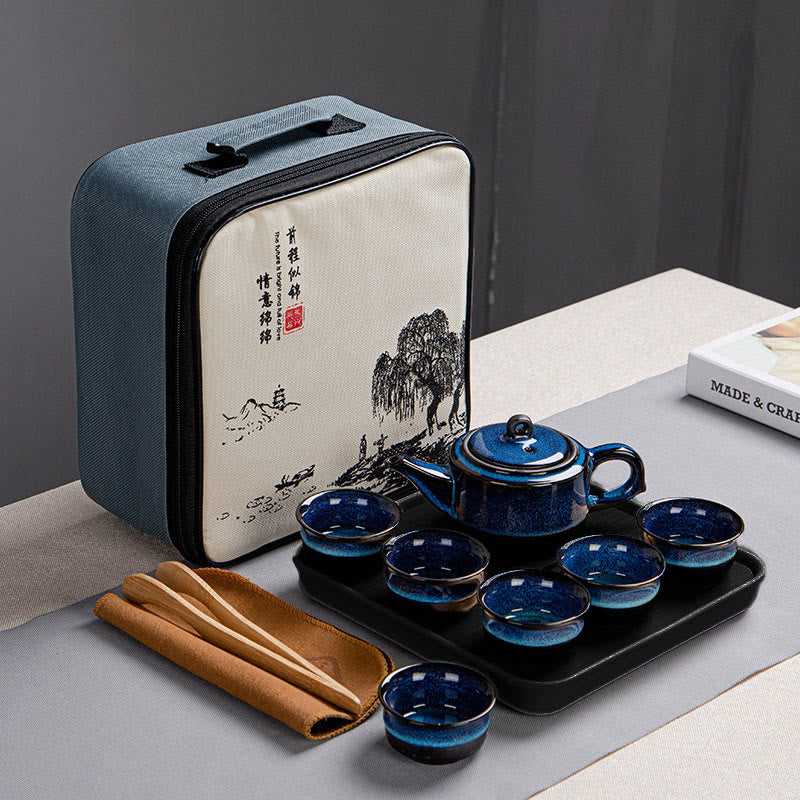 Gongfu-Teekannen-Set aus Keramik mit blauem Farbverlauf für Zen-Dekor
