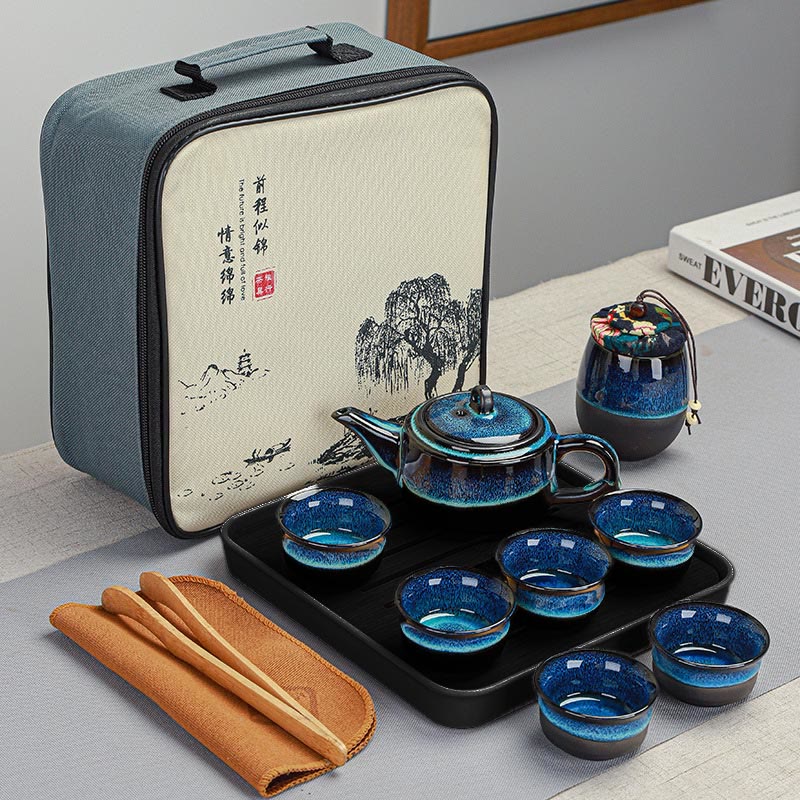Gongfu-Teekannen-Set aus Keramik mit blauem Farbverlauf für Zen-Dekor