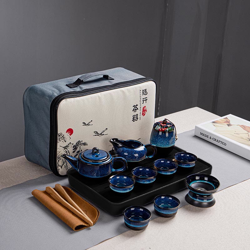 Gongfu-Teekannen-Set aus Keramik mit blauem Farbverlauf für Zen-Dekor