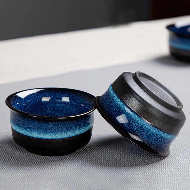 Gongfu-Teekannen-Set aus Keramik mit blauem Farbverlauf für Zen-Dekor