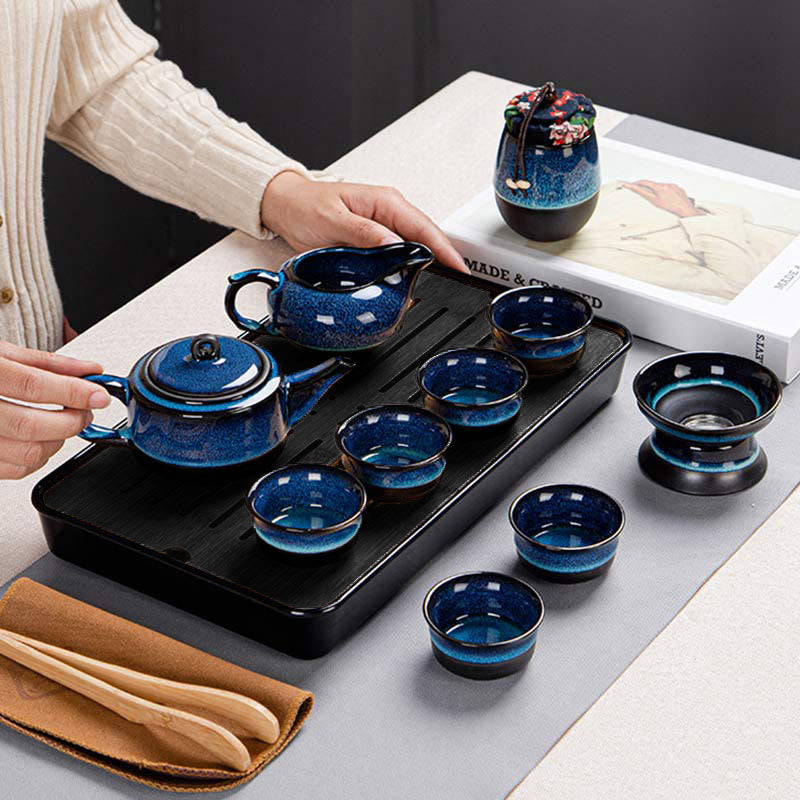 Gongfu-Teekannen-Set aus Keramik mit blauem Farbverlauf für Zen-Dekor