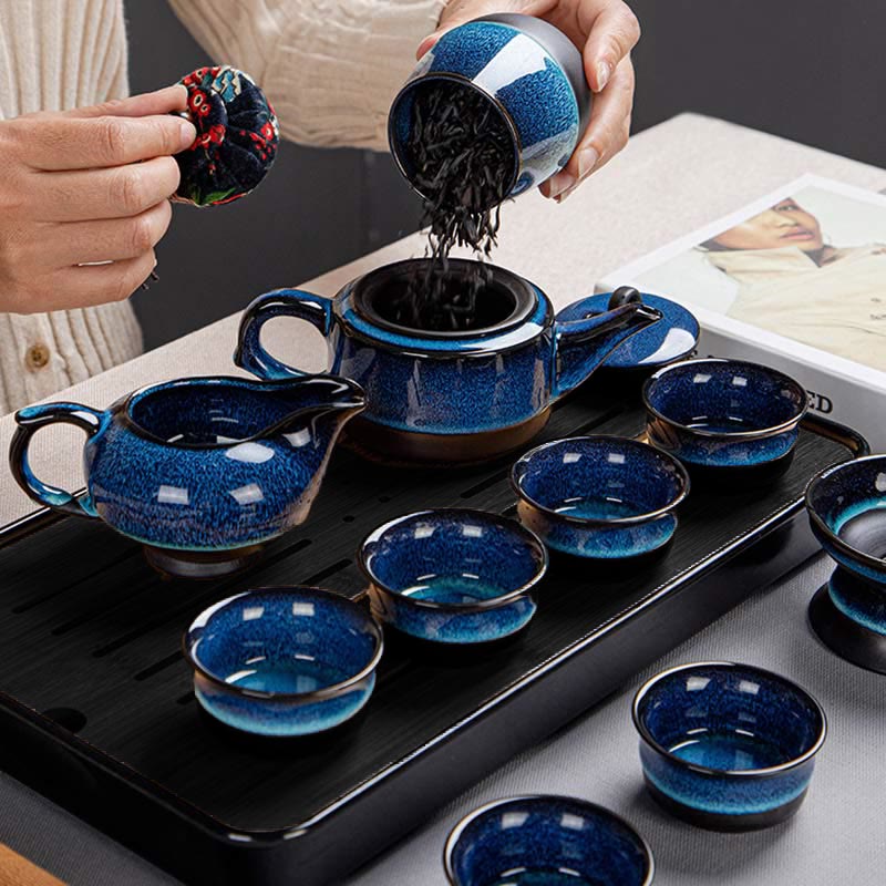 Gongfu-Teekannen-Set aus Keramik mit blauem Farbverlauf für Zen-Dekor