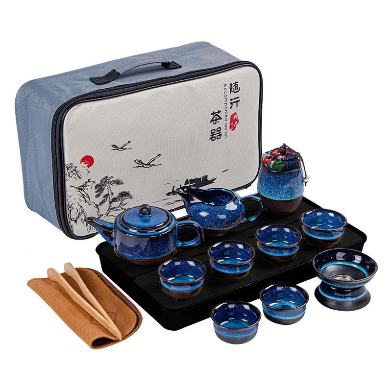 Gongfu-Teekannen-Set aus Keramik mit blauem Farbverlauf für Zen-Dekor