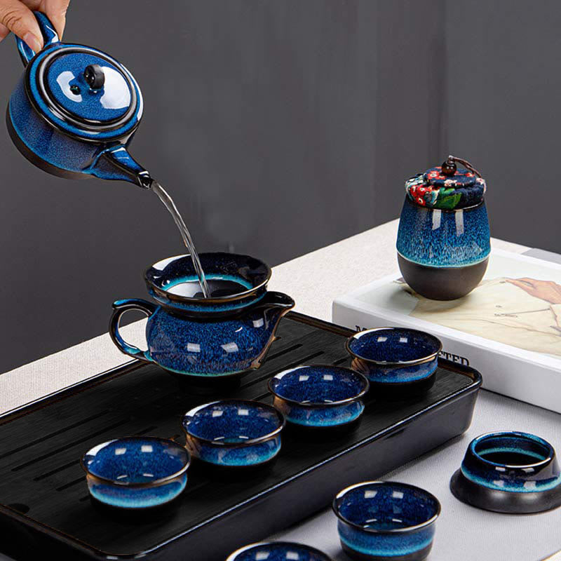 Gongfu-Teekannen-Set aus Keramik mit blauem Farbverlauf für Zen-Dekor