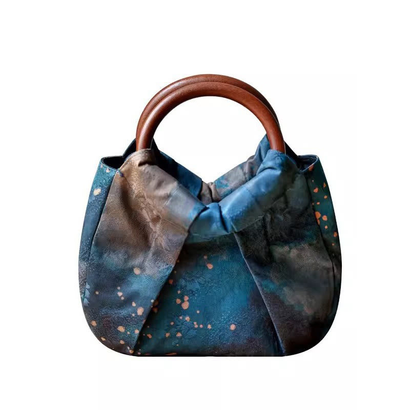 Blaue, handgefertigte Jacquard-Tasche mit Blumen-Holzgriff, 23 cm