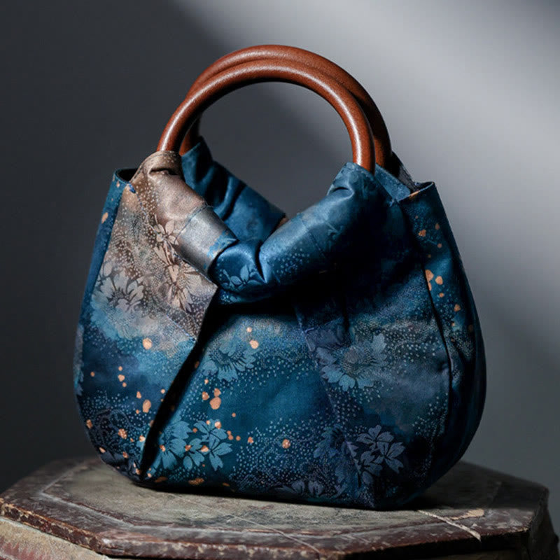 Blaue, handgefertigte Jacquard-Tasche mit Blumen-Holzgriff, 23 cm