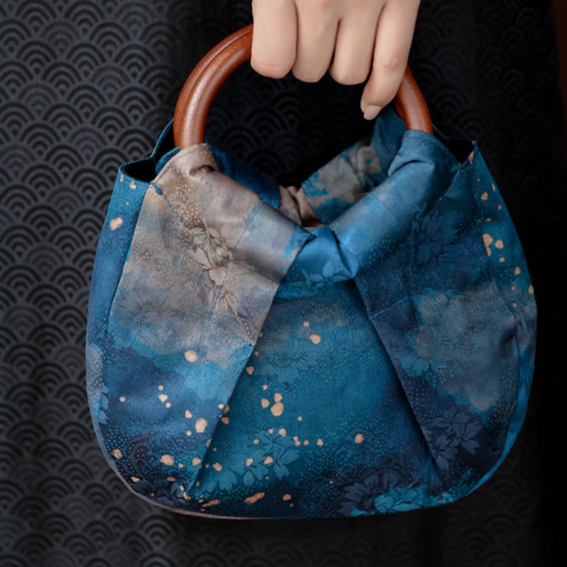 Blaue, handgefertigte Jacquard-Tasche mit Blumen-Holzgriff, 23 cm