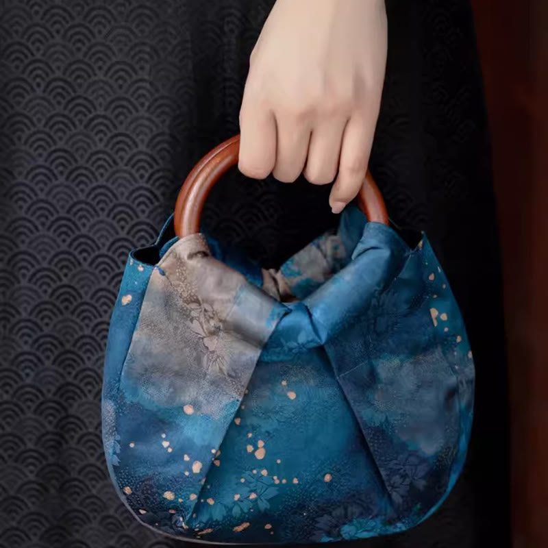 Blaue, handgefertigte Jacquard-Tasche mit Blumen-Holzgriff, 23 cm