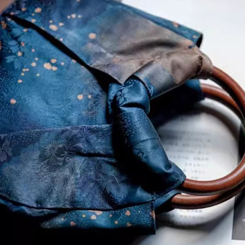 Blaue, handgefertigte Jacquard-Tasche mit Blumen-Holzgriff, 23 cm