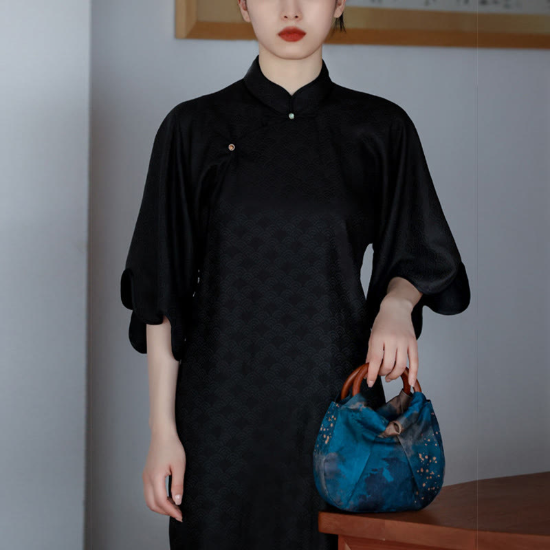 Blaue, handgefertigte Jacquard-Tasche mit Blumen-Holzgriff, 23 cm