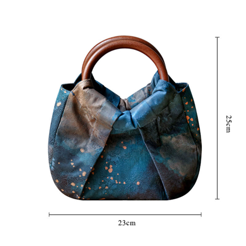 Blaue, handgefertigte Jacquard-Tasche mit Blumen-Holzgriff, 23 cm