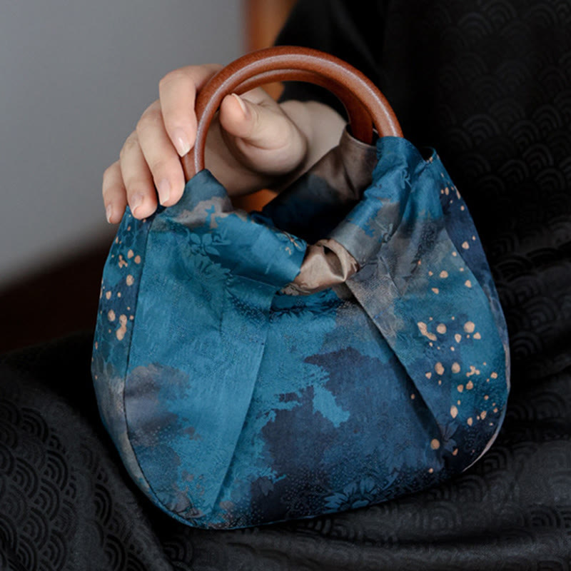 Blaue, handgefertigte Jacquard-Tasche mit Blumen-Holzgriff, 23 cm