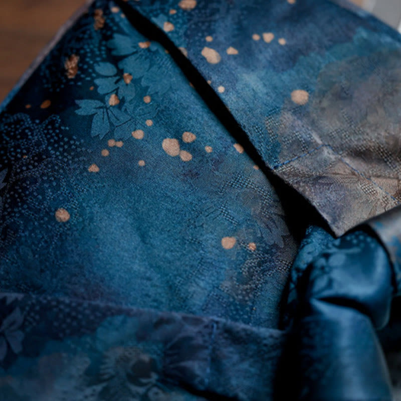 Blaue, handgefertigte Jacquard-Tasche mit Blumen-Holzgriff, 23 cm