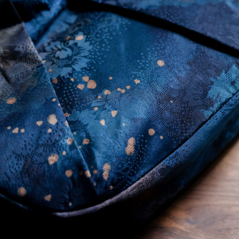 Blaue, handgefertigte Jacquard-Tasche mit Blumen-Holzgriff, 23 cm