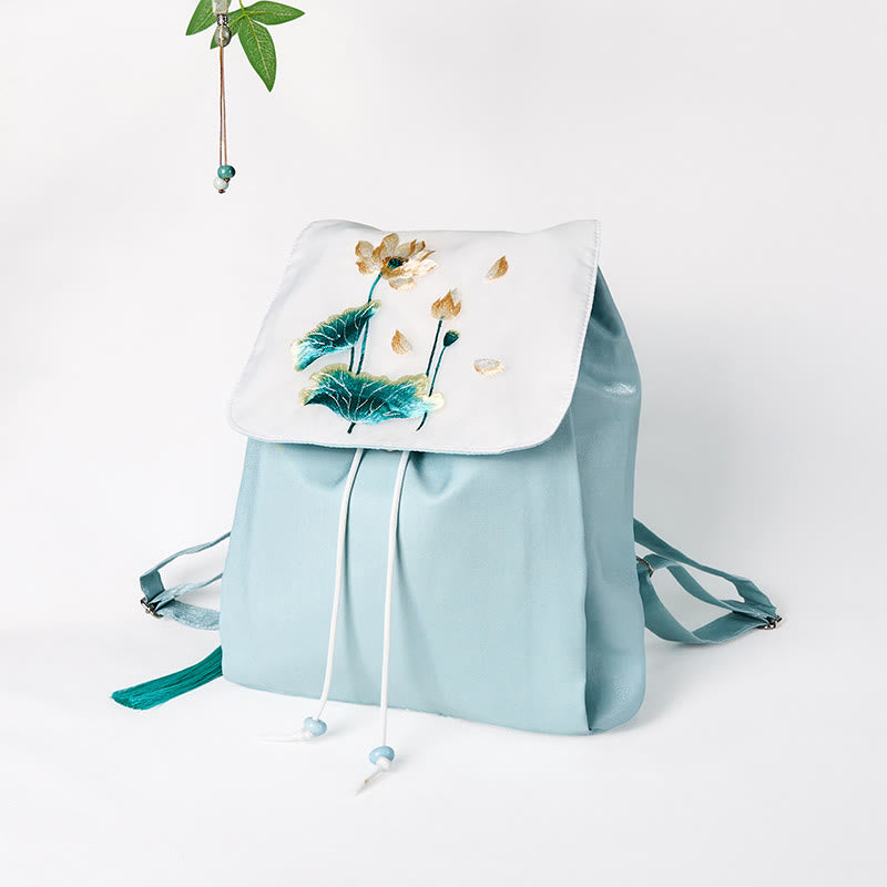 Blauer Lotus bestickter Canvas-Rucksack | Yogatasche