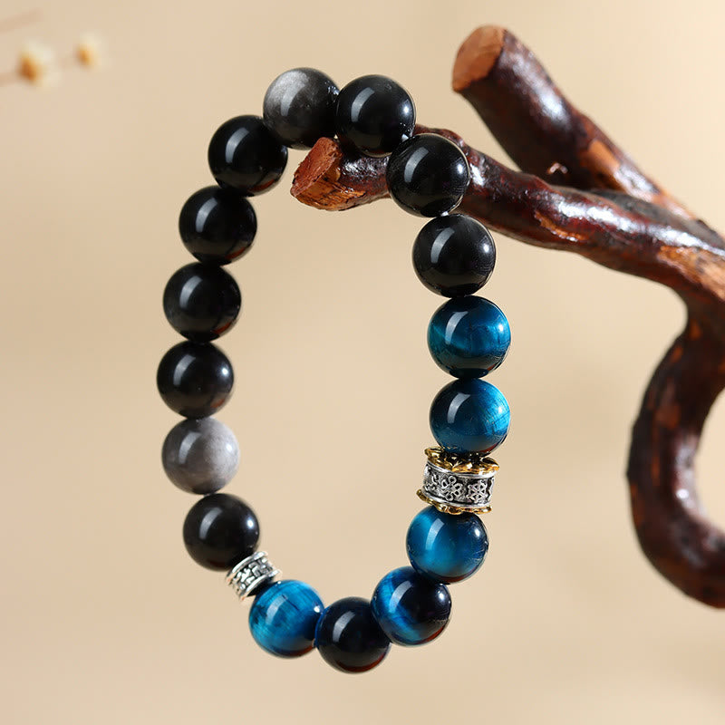 Armband aus blauem Tigerauge und silberglänzendem Obsidian, 12 mm