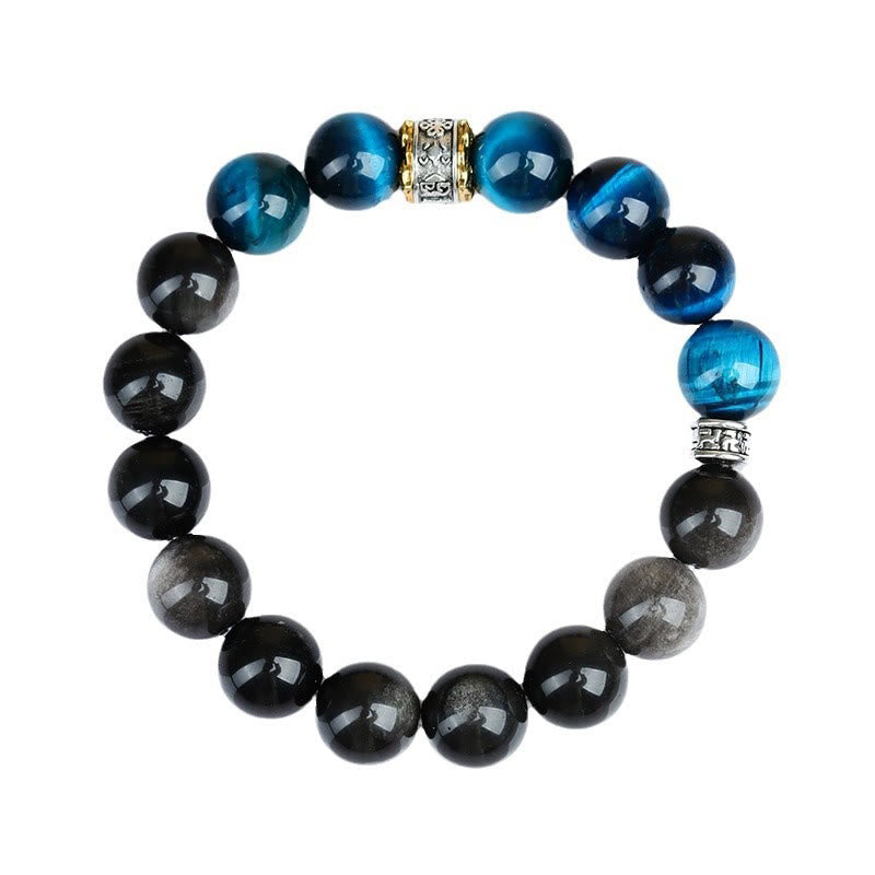 Armband aus blauem Tigerauge und silberglänzendem Obsidian, 12 mm