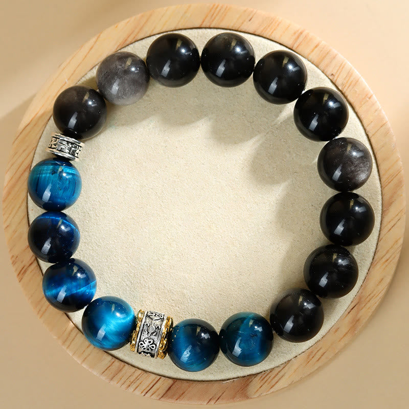 Armband aus blauem Tigerauge und silberglänzendem Obsidian, 12 mm