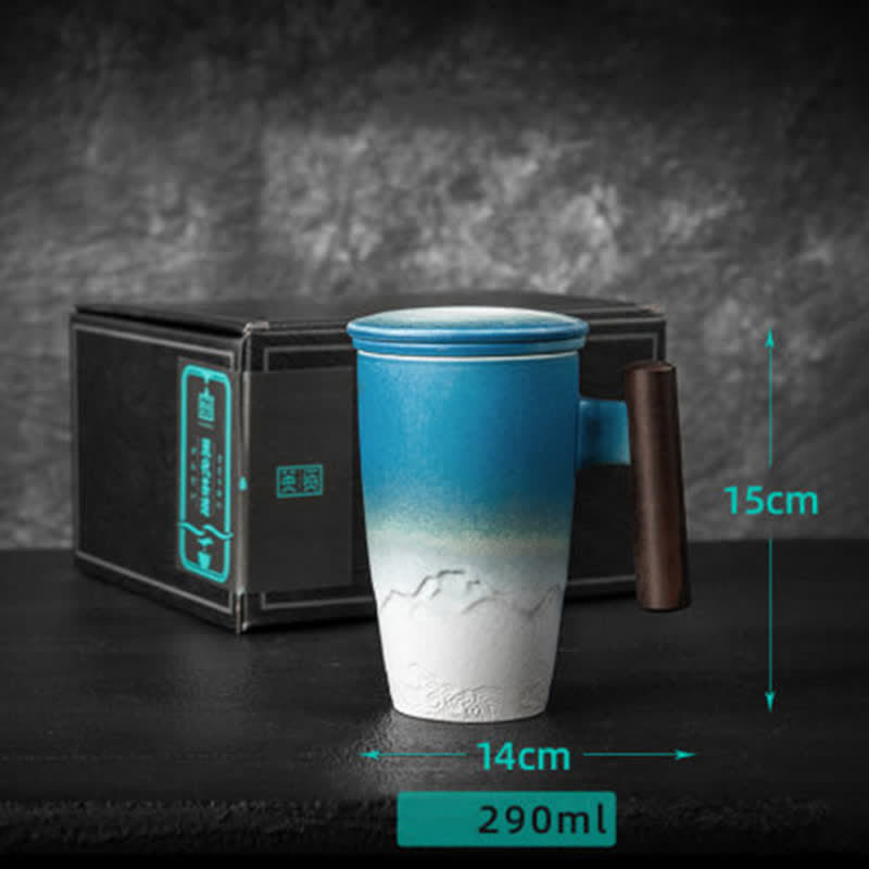 Blaue Vintage-Teetasse aus Keramik mit Berg- und Meeresmotiv, 300 ml