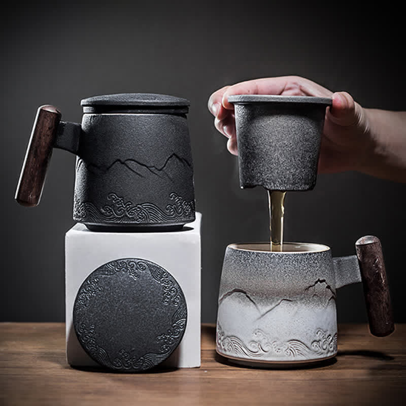 Blaue Vintage-Teetasse aus Keramik mit Berg- und Meeresmotiv, 300 ml