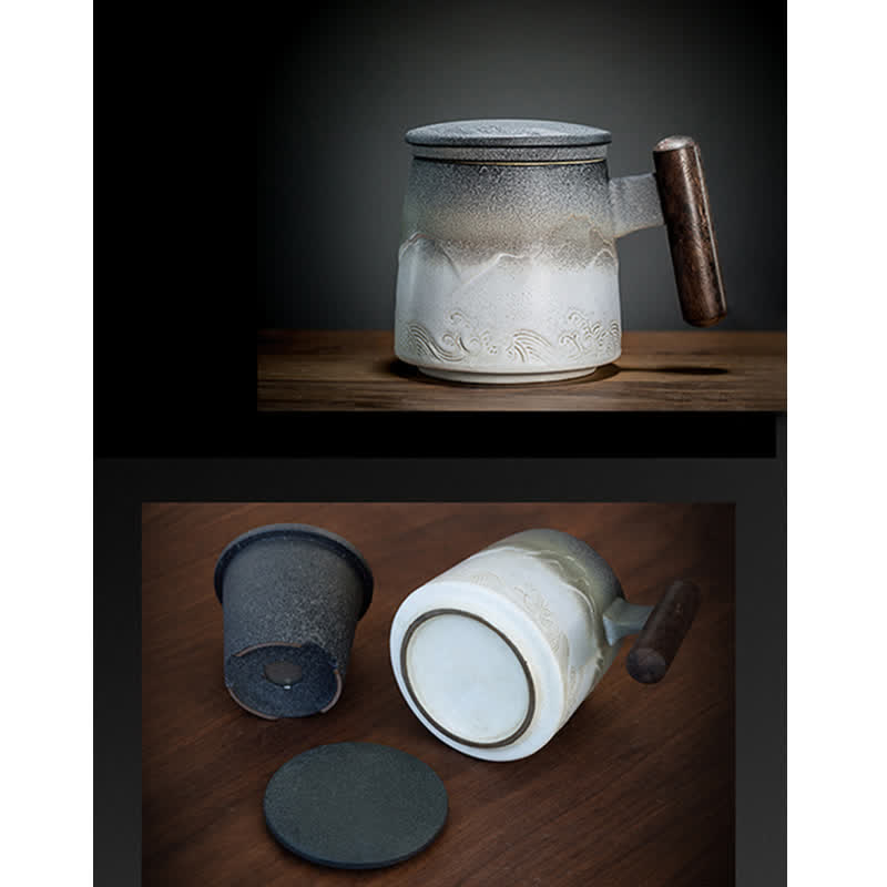 Blaue Vintage-Teetasse aus Keramik mit Berg- und Meeresmotiv, 300 ml