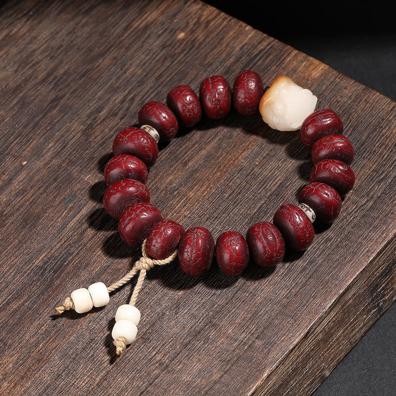 Spirituelles Bodhi-Samen-Armband mit Dzi-Perlen und tanzendem Löwen-Anhänger