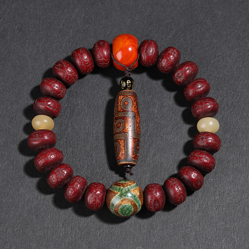 Spirituelles Bodhi-Samen-Armband mit Dzi-Perlen und tanzendem Löwen-Anhänger
