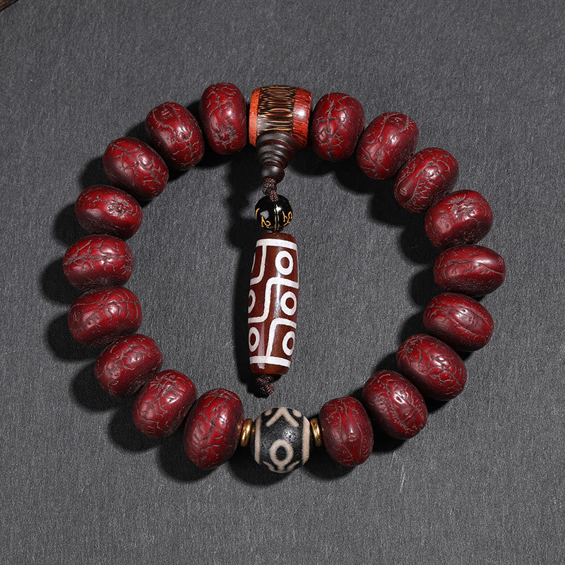 Spirituelles Bodhi-Samen-Armband mit Dzi-Perlen und tanzendem Löwen-Anhänger