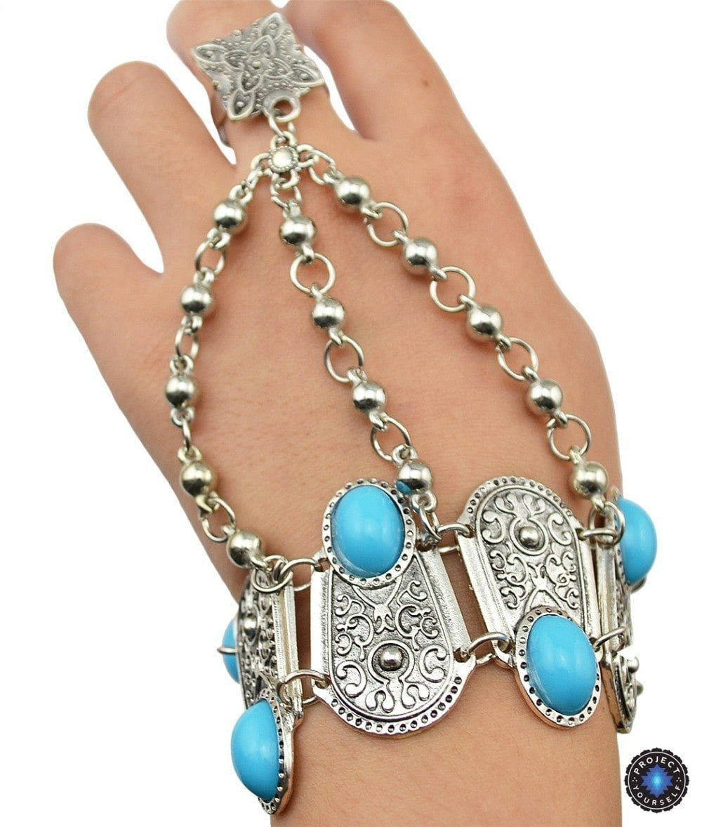 Boho Türkis Blumenring Armband Handkette