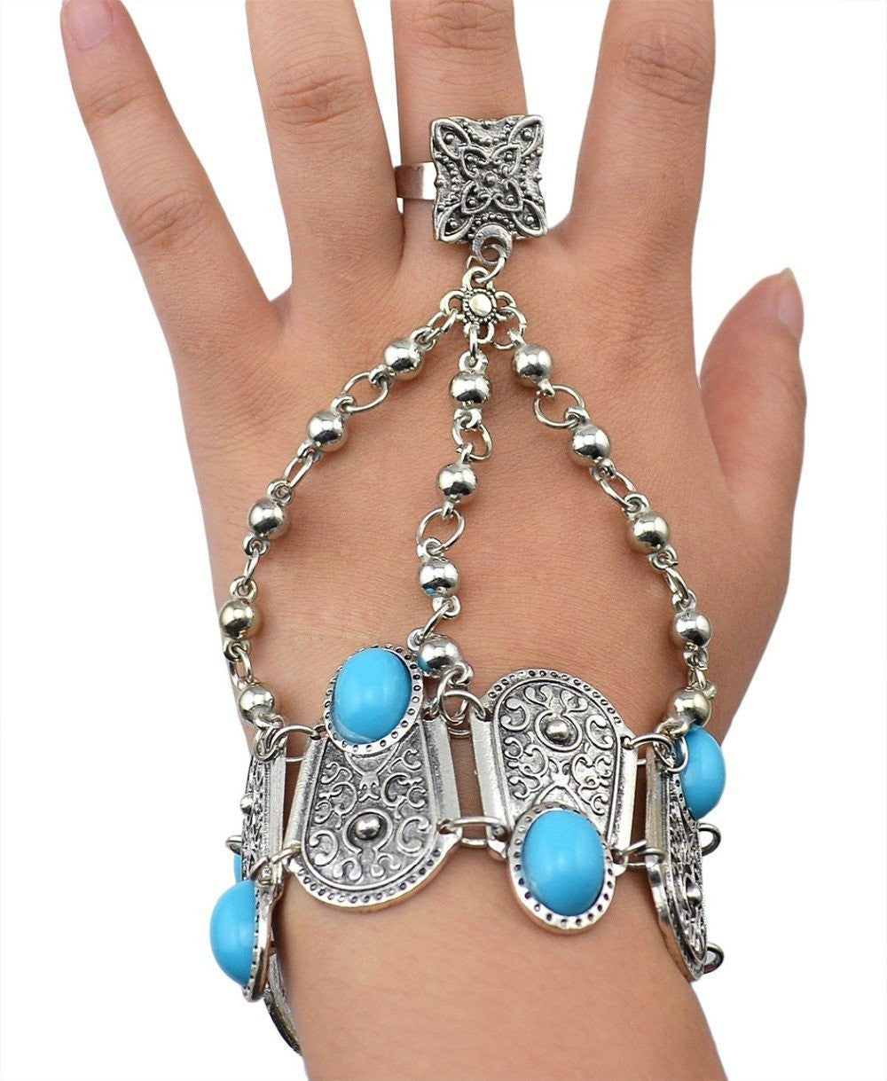Boho Türkis Blumenring Armband Handkette
