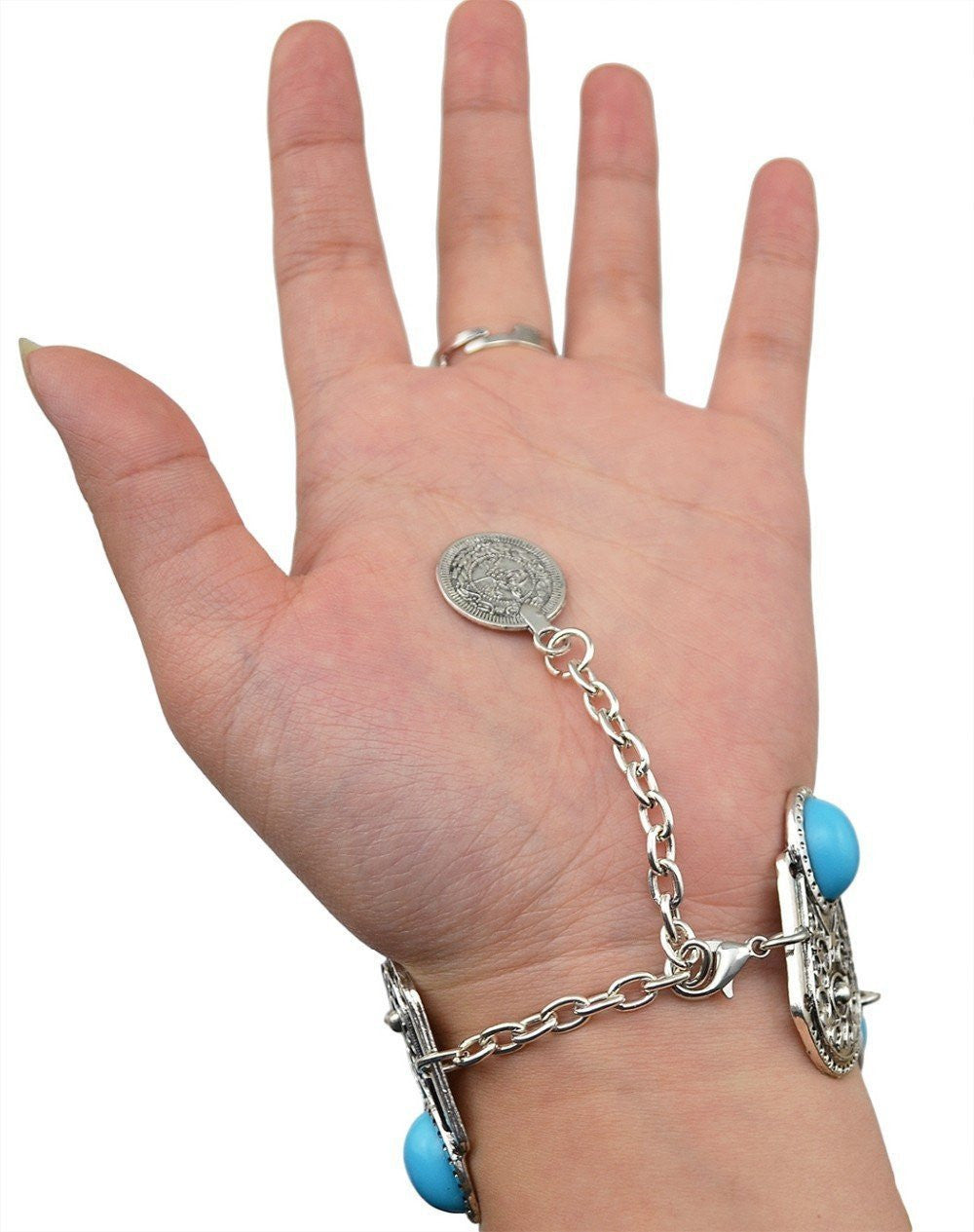 Boho Türkis Blumenring Armband Handkette