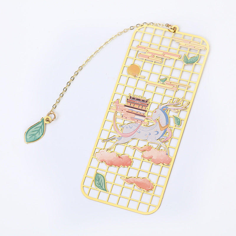 Hohles Lesezeichen aus Messing mit Elch, Koi-Fisch, Kranich und Fuchs