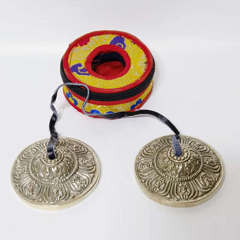 Tibetan meditation tingsha cymbals with colorful woven string holder for sound healing