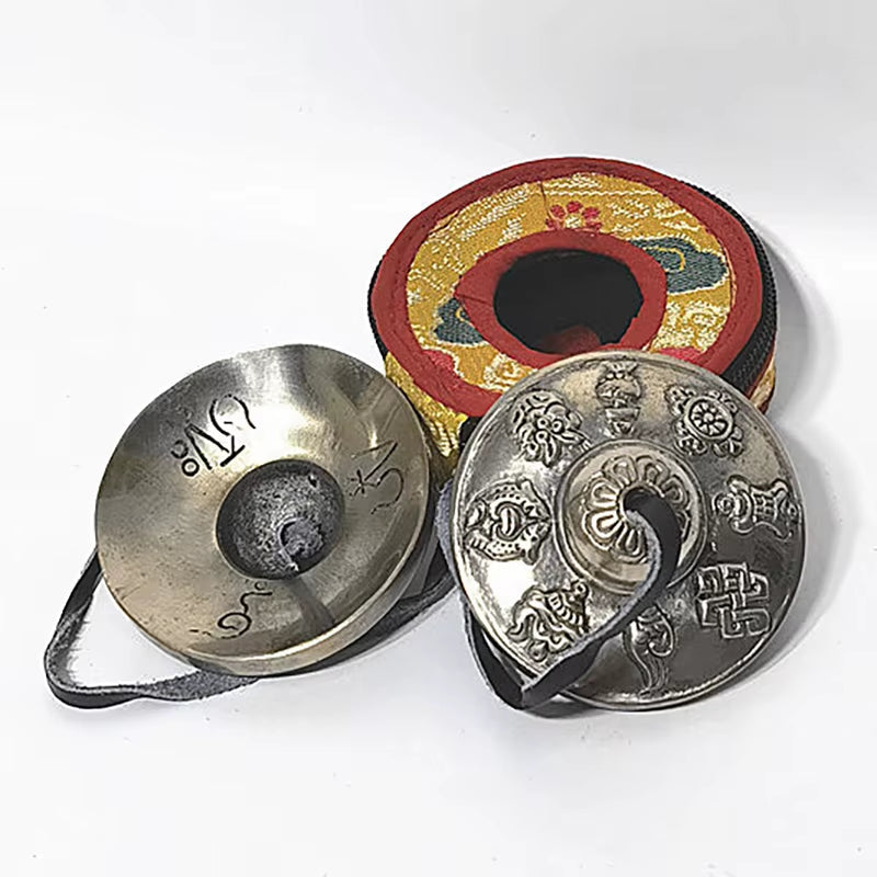 Tibetan Brass Tingsha Cymbals for Meditation with Decorative Buddhist Designs