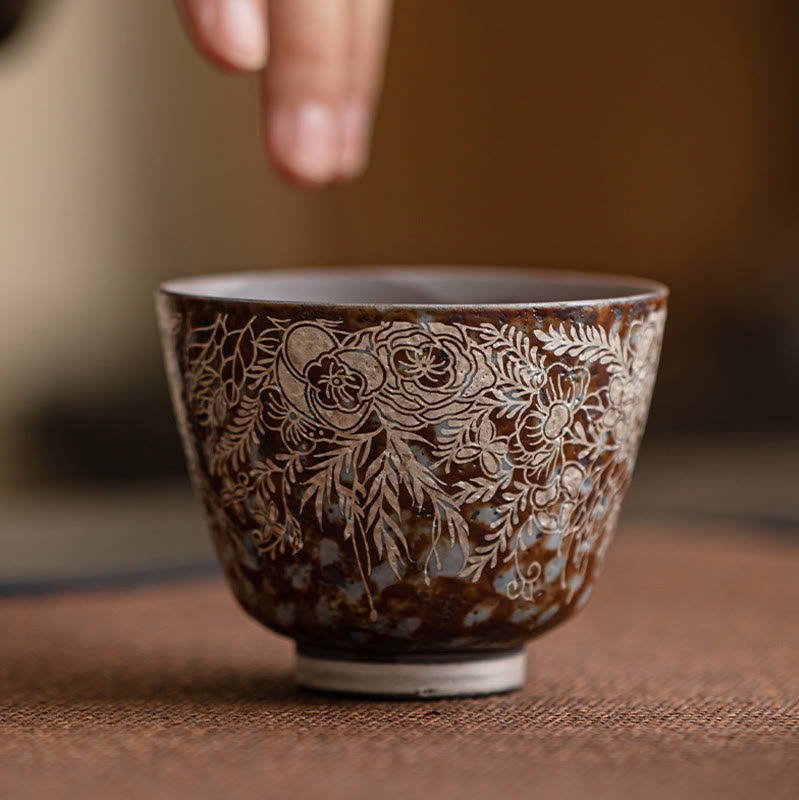 Keramik-Teetasse mit braunen Blumen, 100 ml, Home Accent