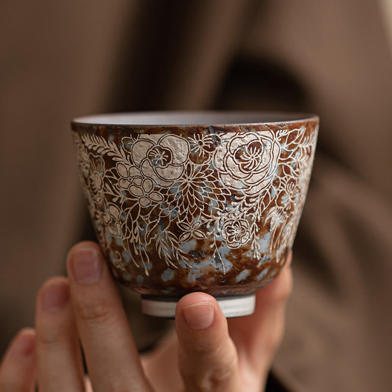 Keramik-Teetasse mit braunen Blumen, 100 ml, Home Accent