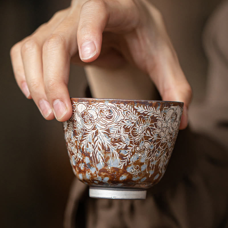 Keramik-Teetasse mit braunen Blumen, 100 ml, Home Accent