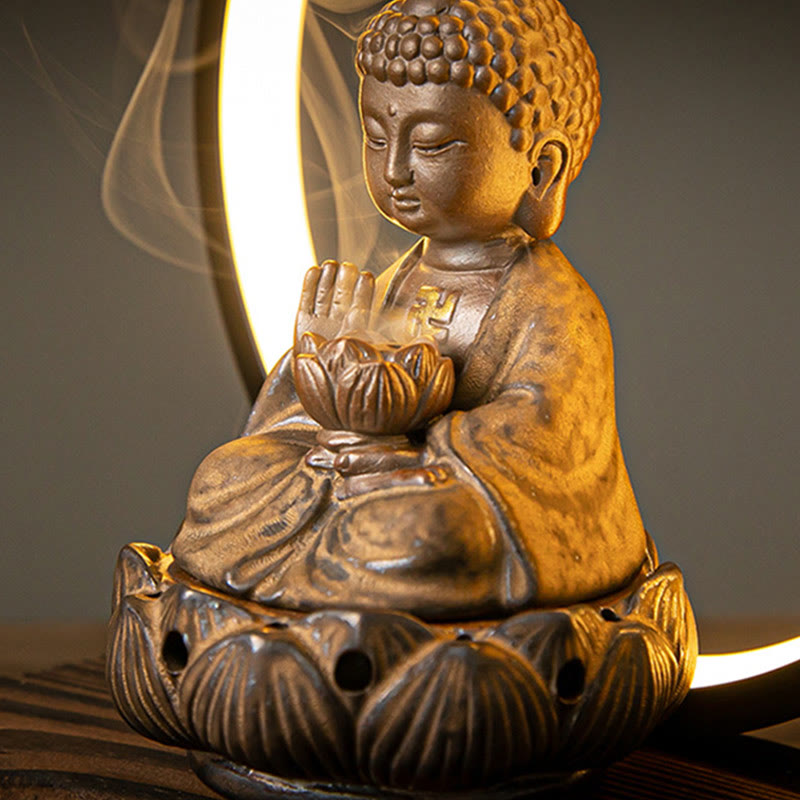 Buddha Lotus Rückfluss-Räuchergefäß aus Keramik mit Licht