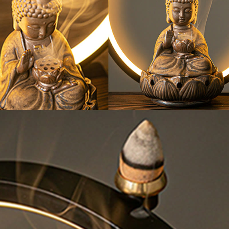 Buddha Lotus Rückfluss-Räuchergefäß aus Keramik mit Licht