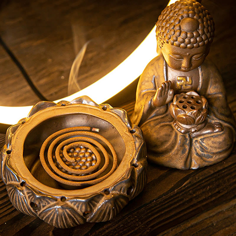 Buddha Lotus Rückfluss-Räuchergefäß aus Keramik mit Licht