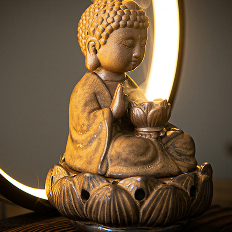 Buddha Lotus Rückfluss-Räuchergefäß aus Keramik mit Licht