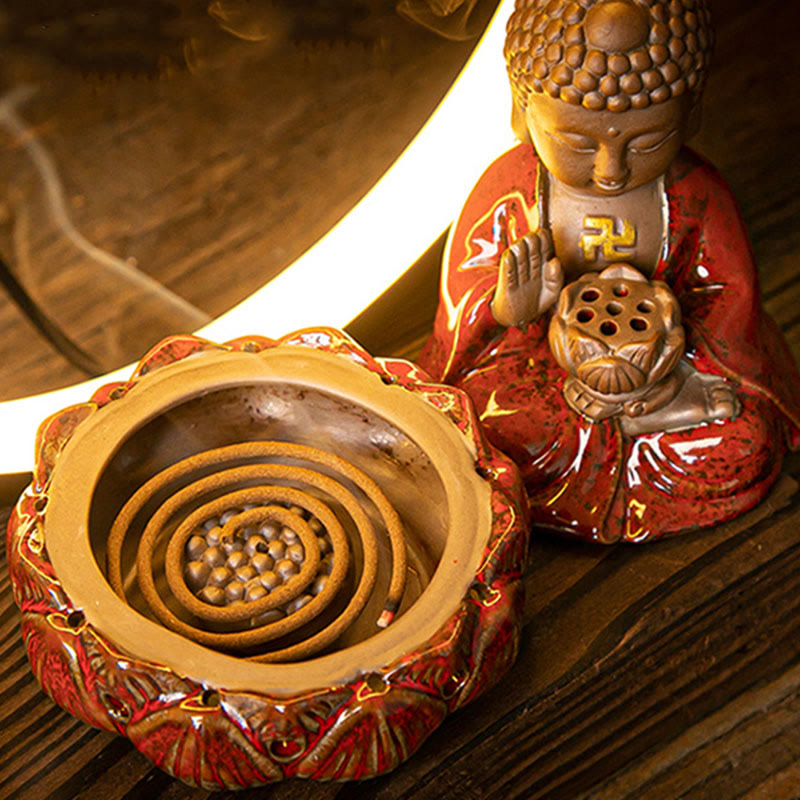 Buddha Lotus Rückfluss-Räuchergefäß aus Keramik mit Licht