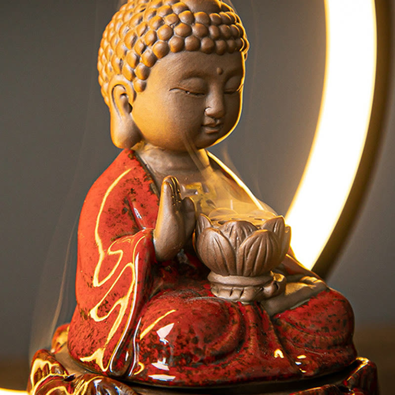 Buddha Lotus Rückfluss-Räuchergefäß aus Keramik mit Licht